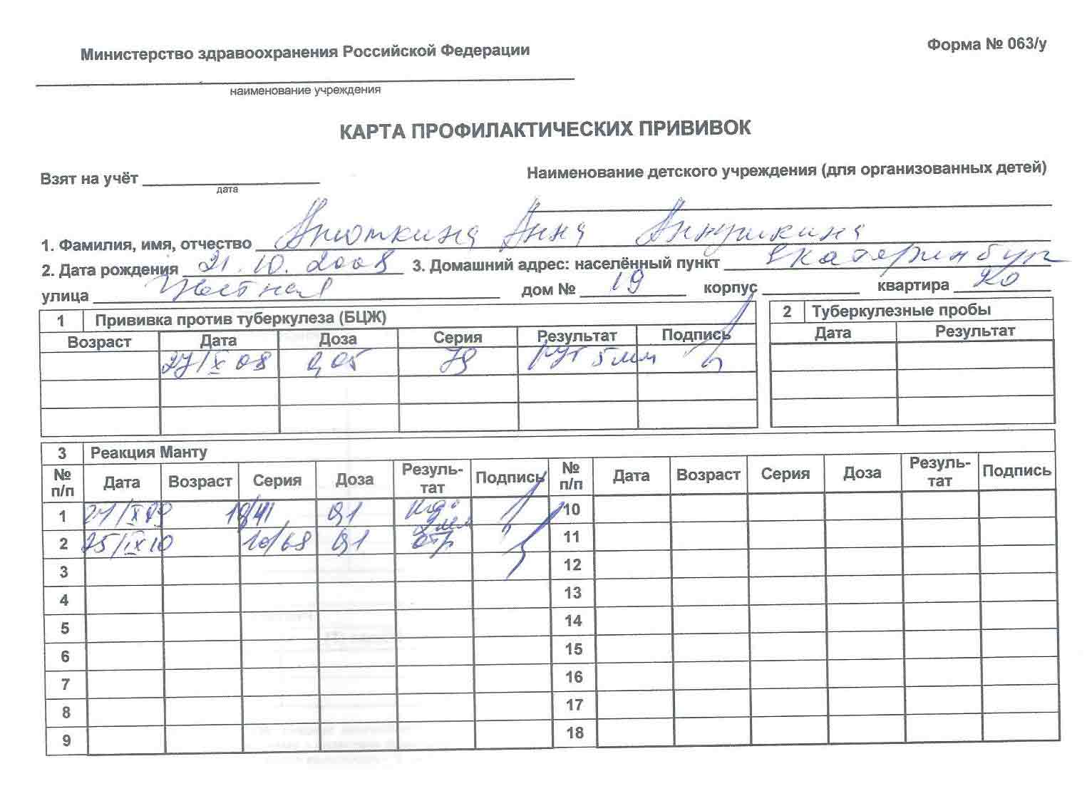 Карта профилактических прививок